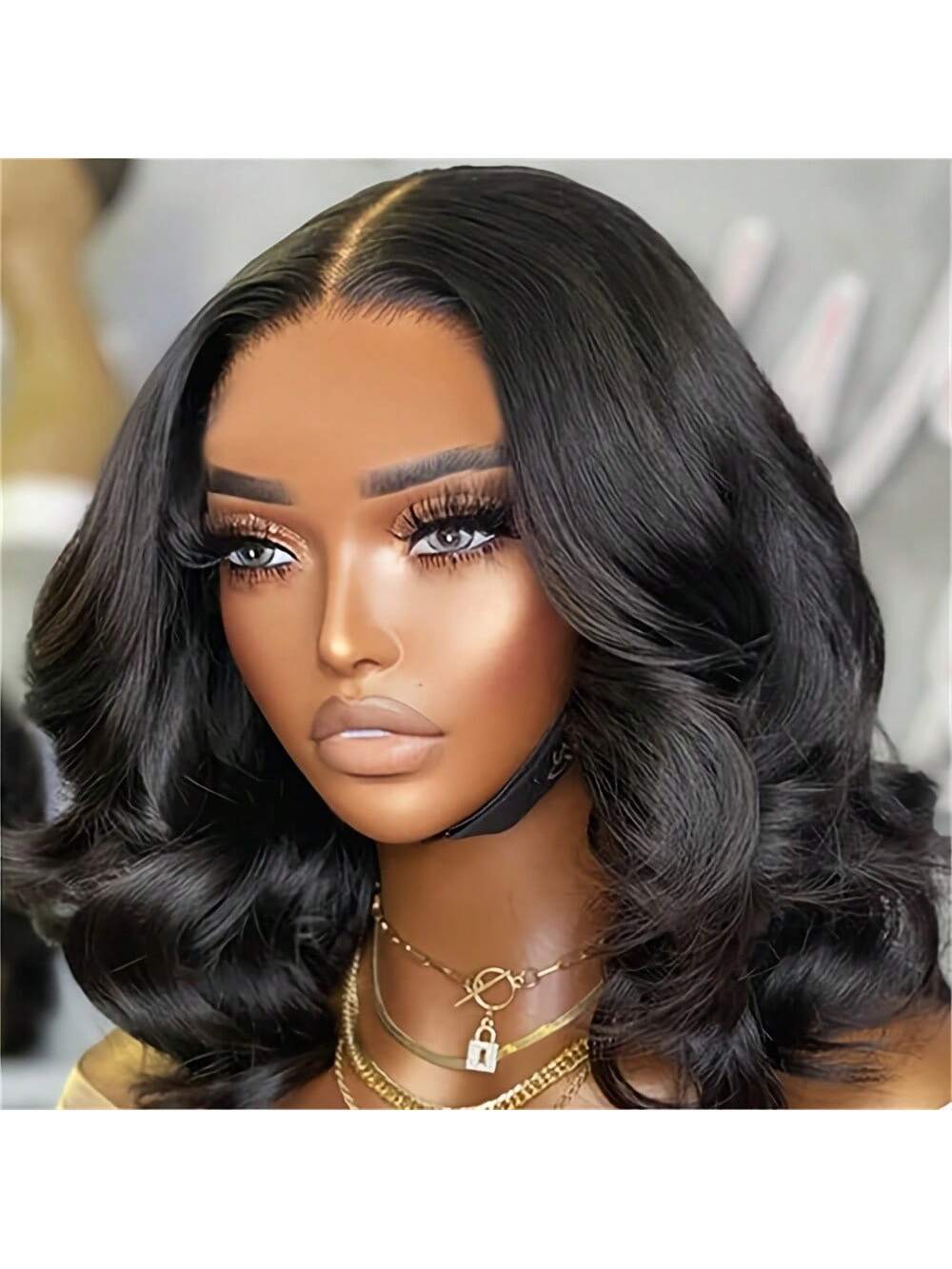 16 Inch Body Wave Bob Wig For Women- Natural Black, 180% Density, 13x6 HD Lace Front, Pre-Plucked Human Hair, Versatile Styling With Choker Necklace