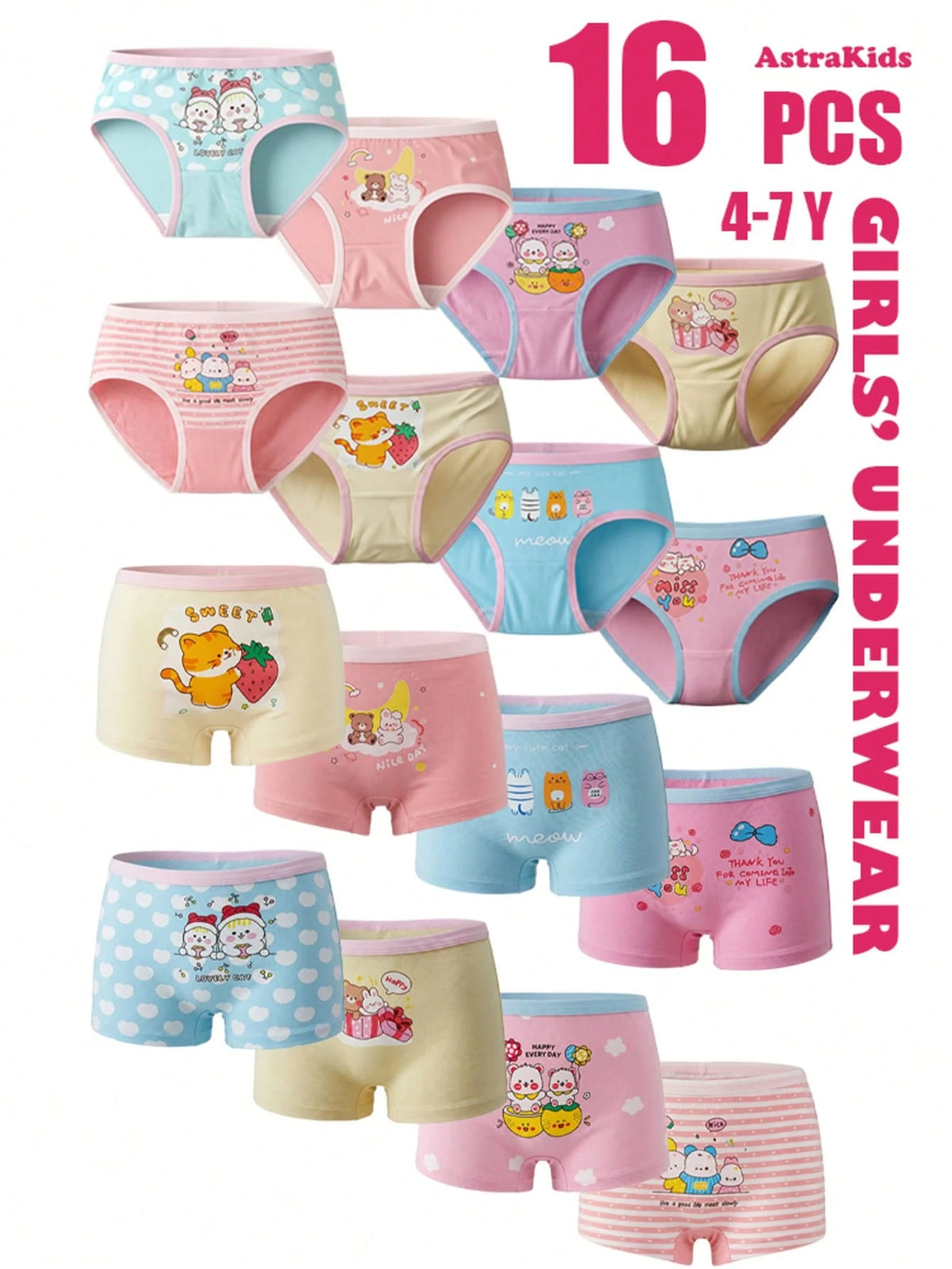 16 Pack Girls Underwear Soft Fabric Lovely Print Panties For Kids 4-8Y #Girls Briefs