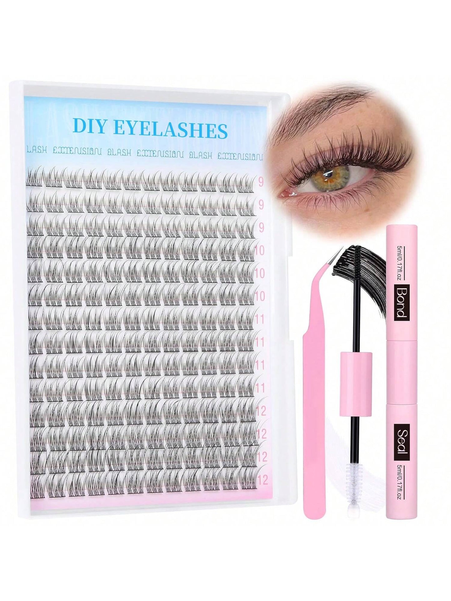 168Pcs D Curl Natural Lash Extension Kit 168Pcs Lash Clusters Kit Wispy Eyelash Extensions 9-12MM Individual Lashes Extensions With Bond And Seal Lash Glue And Eyelash Extension Tweezers DIY At Home L