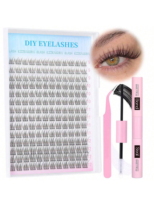 168Pcs D Curl Natural Lash Extension Kit 168Pcs Lash Clusters Kit Wispy Eyelash Extensions 9-12MM Individual Lashes Extensions With Bond And Seal Lash Glue And Eyelash Extension Tweezers DIY At Home L