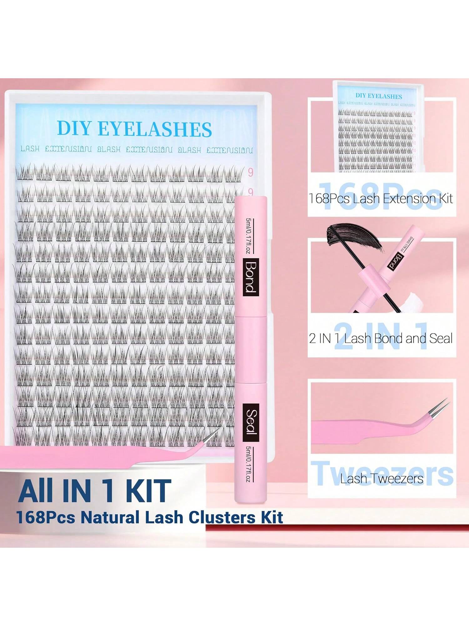168Pcs D Curl Natural Lash Extension Kit 168Pcs Lash Clusters Kit Wispy Eyelash Extensions 9-12MM Individual Lashes Extensions With Bond And Seal Lash Glue And Eyelash Extension Tweezers DIY At Home L
