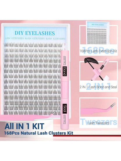 168Pcs D Curl Natural Lash Extension Kit 168Pcs Lash Clusters Kit Wispy Eyelash Extensions 9-12MM Individual Lashes Extensions With Bond And Seal Lash Glue And Eyelash Extension Tweezers DIY At Home L