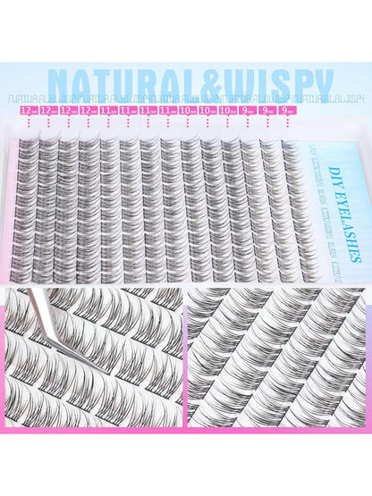 168Pcs D Curl Natural Lash Extension Kit 168Pcs Lash Clusters Kit Wispy Eyelash Extensions 9-12MM Individual Lashes Extensions With Bond And Seal Lash Glue And Eyelash Extension Tweezers DIY At Home L