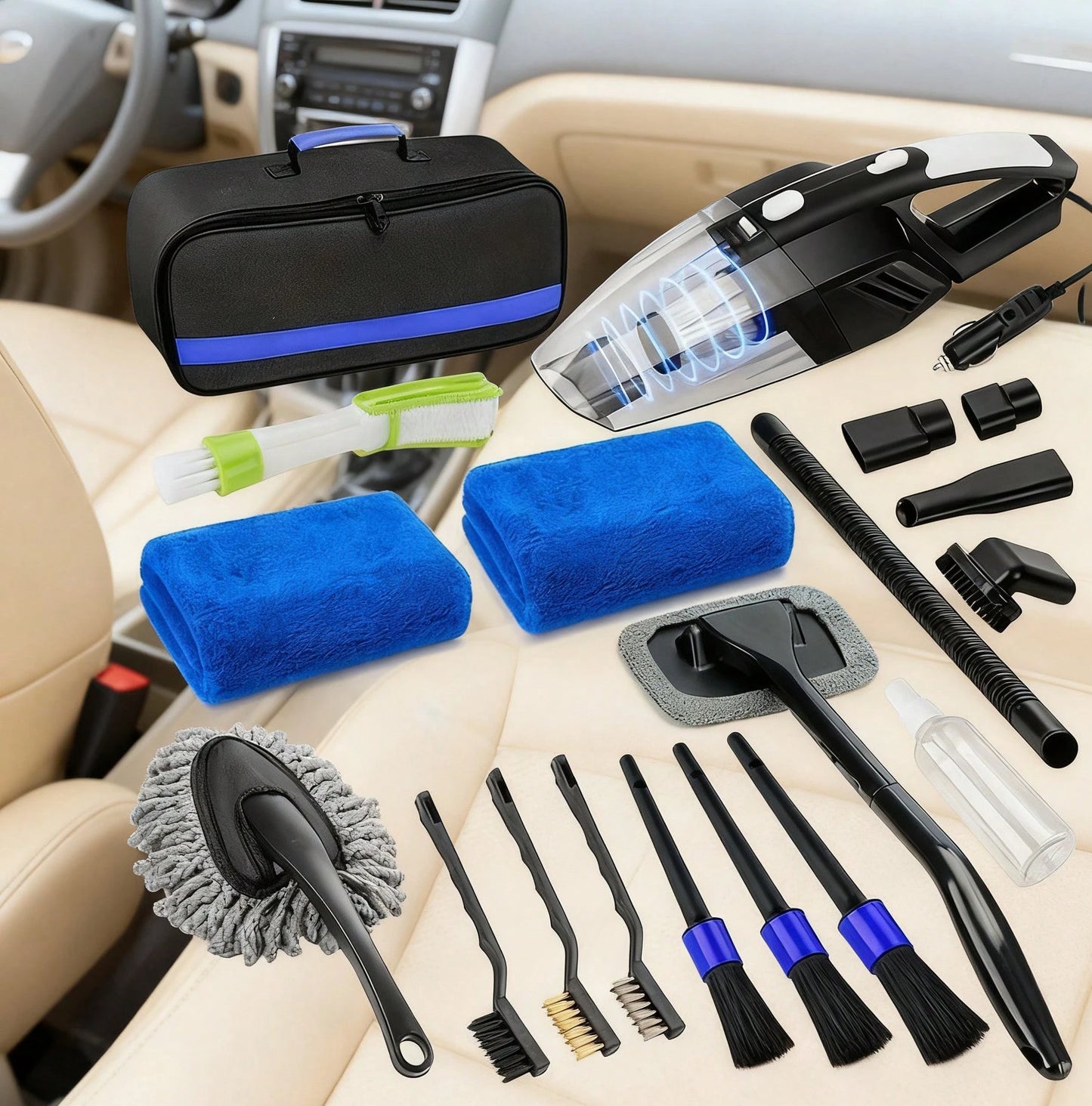 19pcs Car Cleaning Wash Kit Interior Detailing Cleaner Kit With High Power Handheld Vacuum, Brush Set, Windshield Tool, Duster, Towels, Complete Car Care Tool
