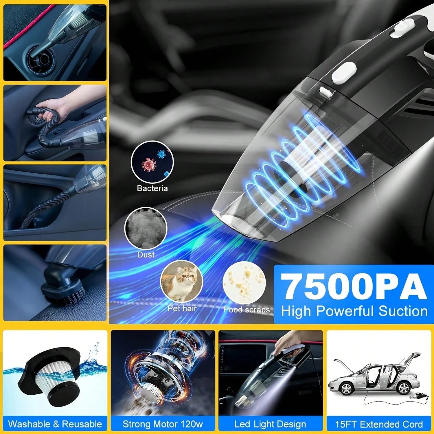 19pcs Car Cleaning Wash Kit Interior Detailing Cleaner Kit With High Power Handheld Vacuum, Brush Set, Windshield Tool, Duster, Towels, Complete Car Care Tool