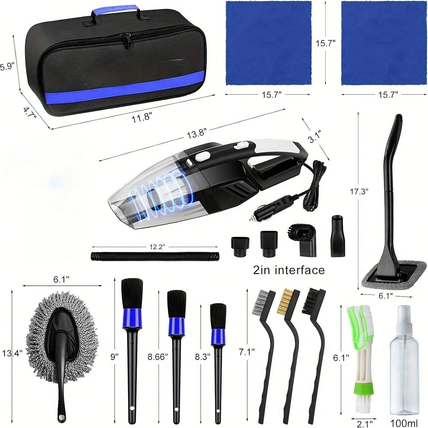19pcs Car Cleaning Wash Kit Interior Detailing Cleaner Kit With High Power Handheld Vacuum, Brush Set, Windshield Tool, Duster, Towels, Complete Car Care Tool