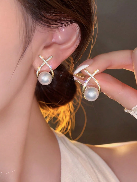 1pair Faux Pearl Stud Earrings With Sweetheart X Design, Suitable For Bridal Or Wedding Guests As A Gift Elegant, Valentine's Day Accessories