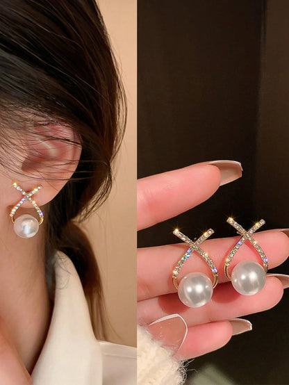 1pair Faux Pearl Stud Earrings With Sweetheart X Design, Suitable For Bridal Or Wedding Guests As A Gift Elegant, Valentine's Day Accessories