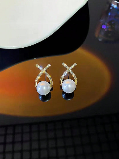 1pair Faux Pearl Stud Earrings With Sweetheart X Design, Suitable For Bridal Or Wedding Guests As A Gift Elegant, Valentine's Day Accessories
