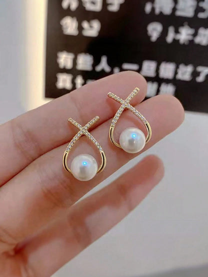 1pair Faux Pearl Stud Earrings With Sweetheart X Design, Suitable For Bridal Or Wedding Guests As A Gift Elegant, Valentine's Day Accessories