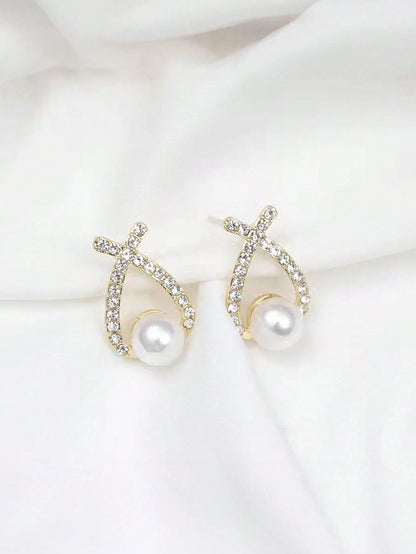 1pair Faux Pearl Stud Earrings With Sweetheart X Design, Suitable For Bridal Or Wedding Guests As A Gift Elegant, Valentine's Day Accessories