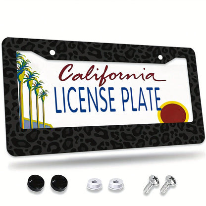 1pc, 1 One Black Leopard Print License Plate Frame, Car Decoration Accessories Aluminum Rust-Proof Crash-Resistant Weather-Resistant Number Plate Bracket, Suitable For American Standard Vehicles, 16*3