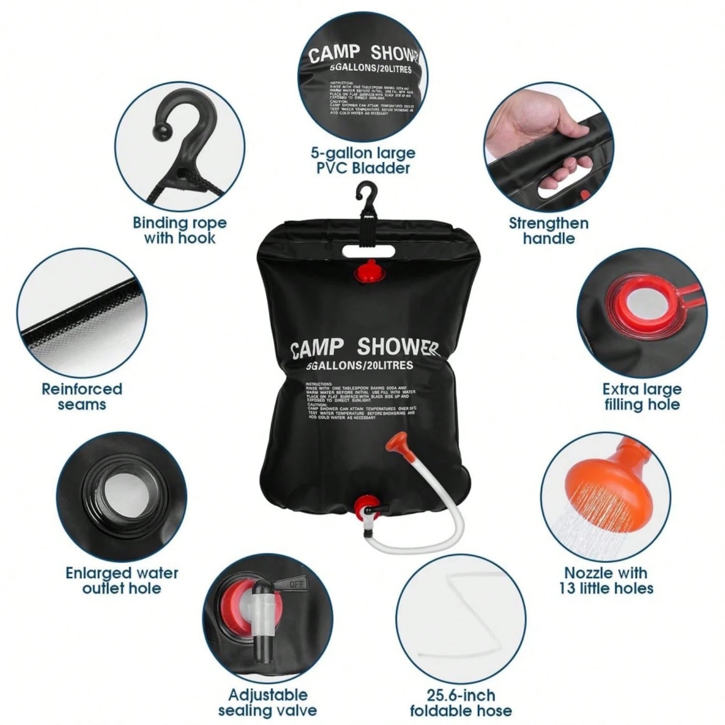1pc 10L/20L/25L/40L Solar Camping Shower Bag, Portable Outdoor Solar Heating Shower Bag With Adjustable Shower Head And Hook, Leak-Proof Reinforced PVC Foldable Water Bag, Suitable For Camping, Hiking