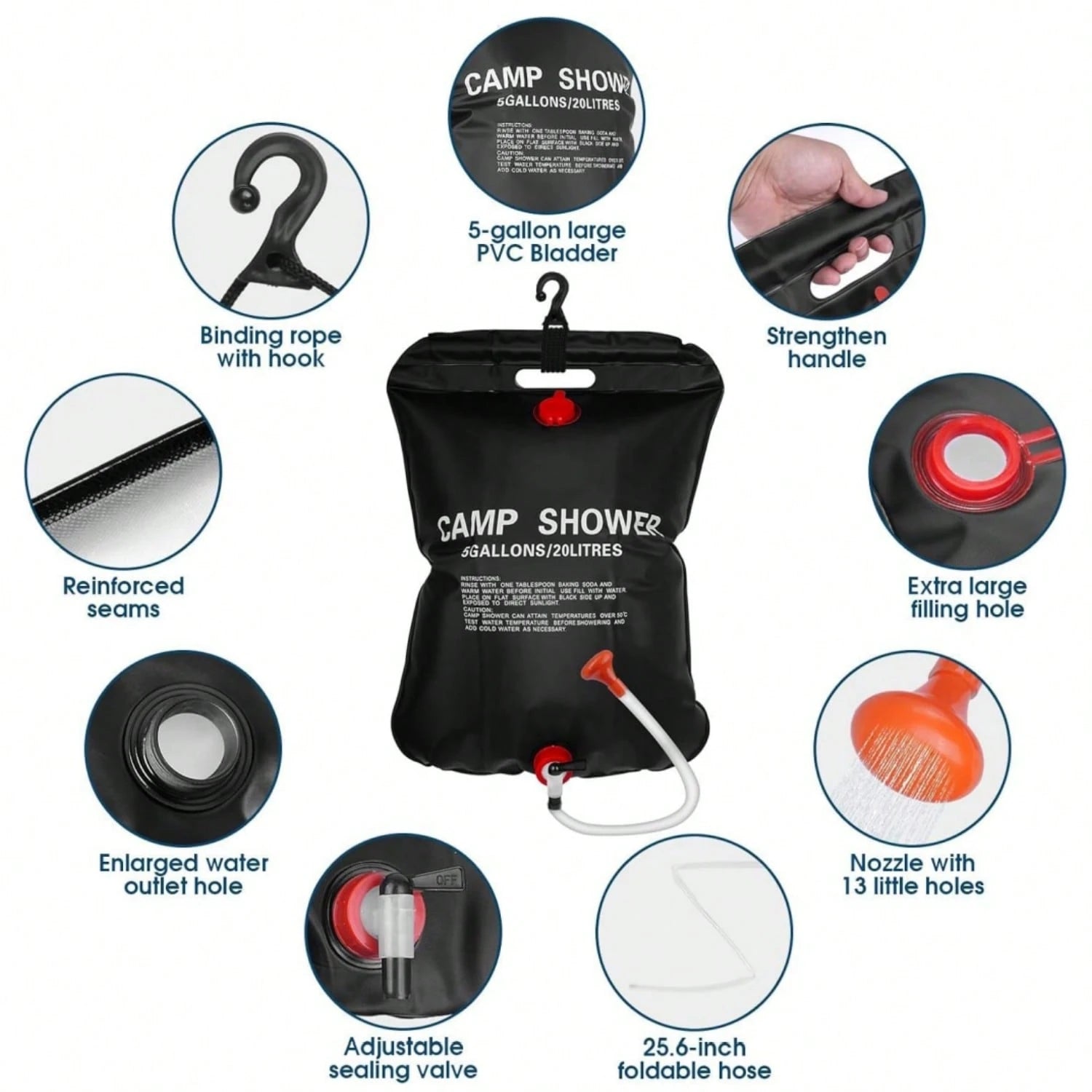 1pc 10L/20L/25L/40L Solar Camping Shower Bag, Portable Outdoor Solar Heating Shower Bag With Adjustable Shower Head And Hook, Leak-Proof Reinforced PVC Foldable Water Bag, Suitable For Camping, Hiking