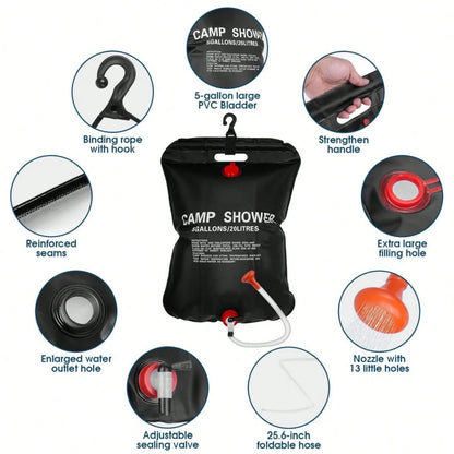1pc 10L/20L/25L/40L Solar Camping Shower Bag, Portable Outdoor Solar Heating Shower Bag With Adjustable Shower Head And Hook, Leak-Proof Reinforced PVC Foldable Water Bag, Suitable For Camping, Hiking