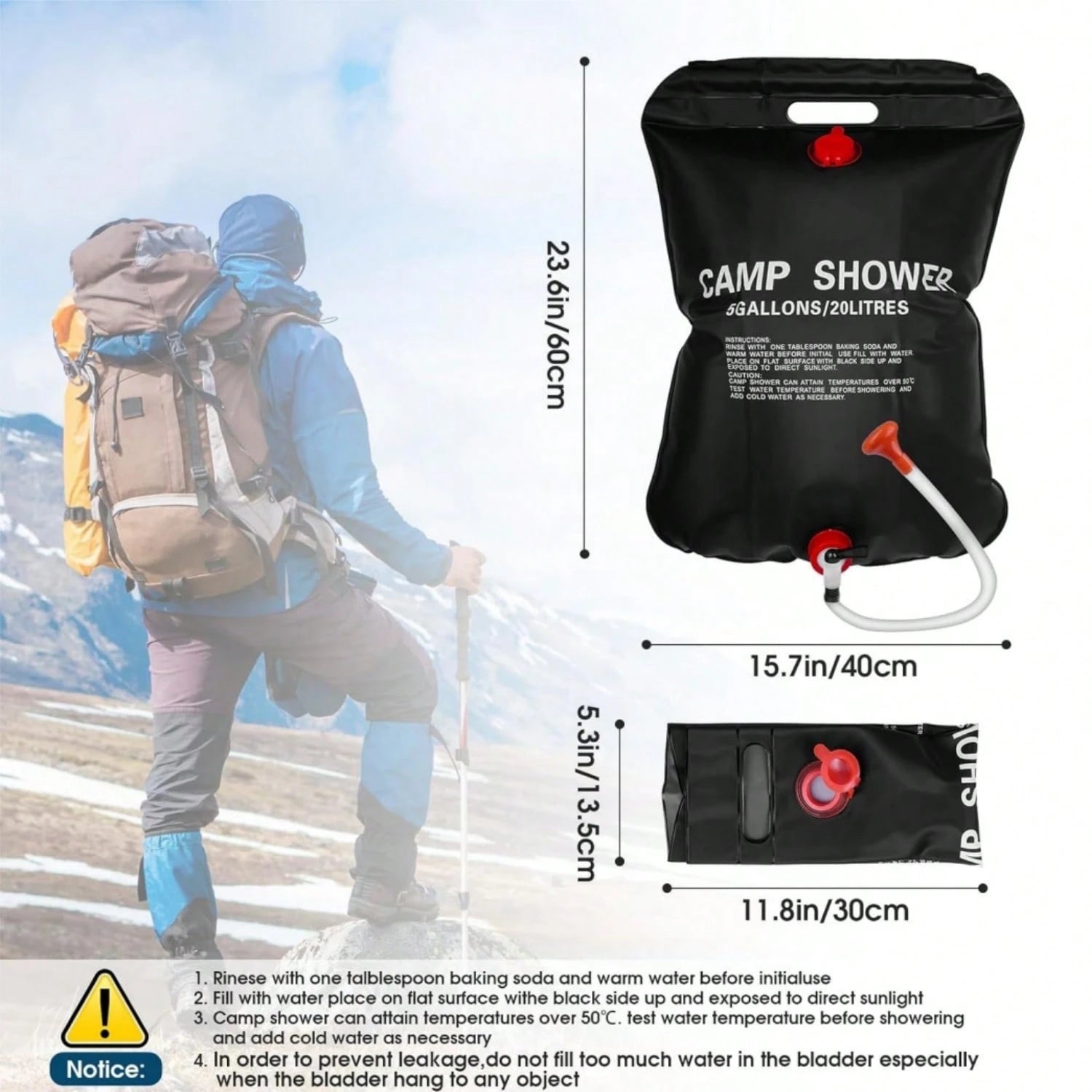 1pc 10L/20L/25L/40L Solar Camping Shower Bag, Portable Outdoor Solar Heating Shower Bag With Adjustable Shower Head And Hook, Leak-Proof Reinforced PVC Foldable Water Bag, Suitable For Camping, Hiking