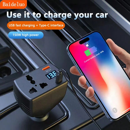 1pc 150W High Power Transformer Universal 12V/24V Car Power Inverter, Equipped With 2 USB Ports, Supports Fast Charging, Digital Voltage Display, Smart Fast Charge- Car Plug, Suitable For Sedan, Truc