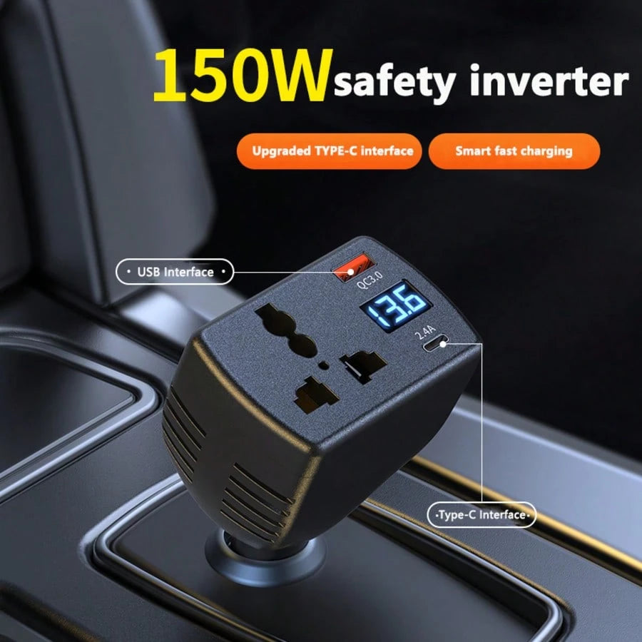 1pc 150W High Power Transformer Universal 12V/24V Car Power Inverter, Equipped With 2 USB Ports, Supports Fast Charging, Digital Voltage Display, Smart Fast Charge- Car Plug, Suitable For Sedan, Truc