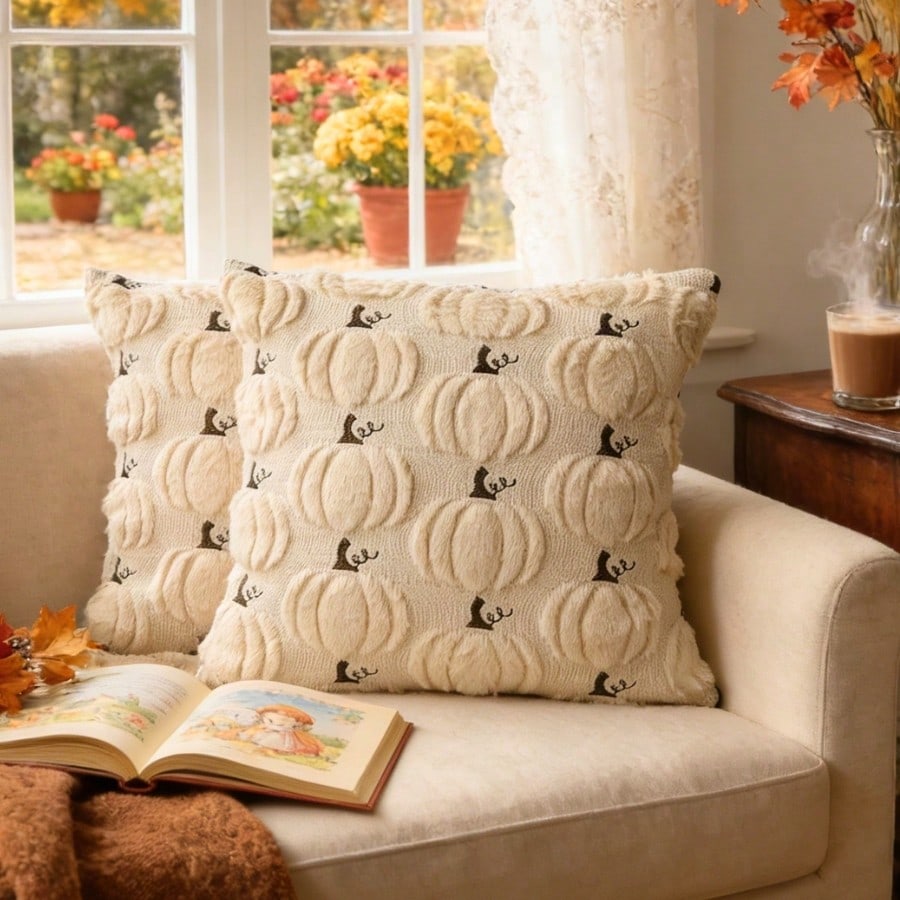 1pc 18x18 Inch 3D Beige Pumpkin Plush Pillow Cover, Scandinavian Minimalist Autumn Harvest Easter Cushion Cover, Soft Faux Fur Texture For Sofa Couch Home Decor