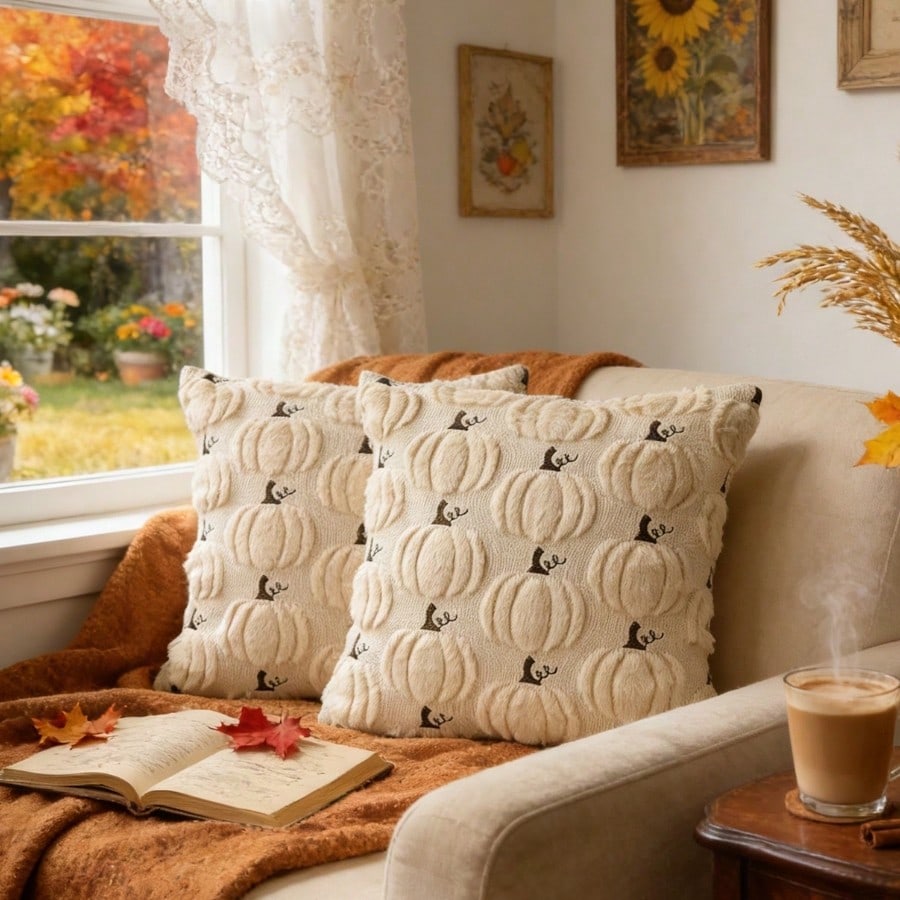 1pc 18x18 Inch 3D Beige Pumpkin Plush Pillow Cover, Scandinavian Minimalist Autumn Harvest Easter Cushion Cover, Soft Faux Fur Texture For Sofa Couch Home Decor