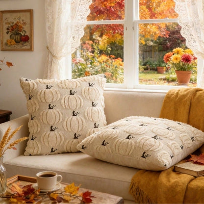 1pc 18x18 Inch 3D Beige Pumpkin Plush Pillow Cover, Scandinavian Minimalist Autumn Harvest Easter Cushion Cover, Soft Faux Fur Texture For Sofa Couch Home Decor