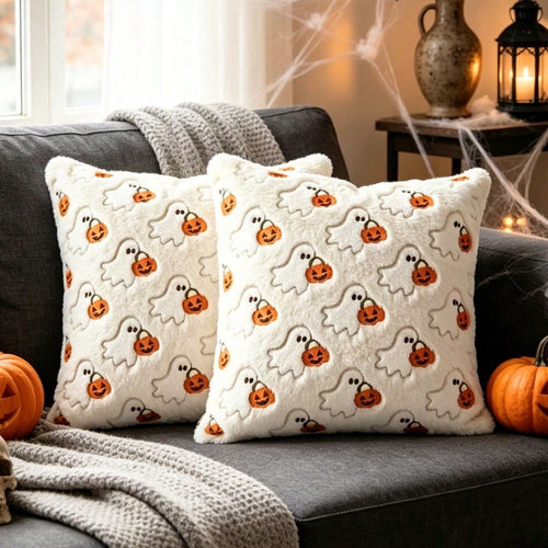 1pc 18x18 Inch 3D Embroidered Ghost Pumpkin Faux Rabbit Fur Plush Pillow Cover, Soft Cozy Pet Friendly Cute Minimalist Scandinavian Neutral Versatile Cushion Cover, For Halloween Ghost Party Fall H