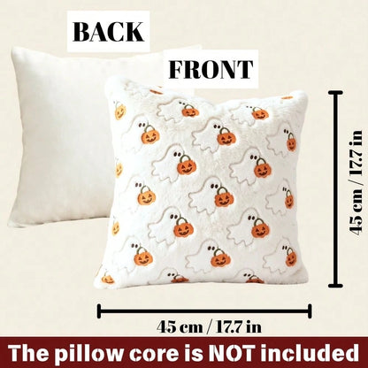 1pc 18x18 Inch 3D Embroidered Ghost Pumpkin Faux Rabbit Fur Plush Pillow Cover, Soft Cozy Pet Friendly Cute Minimalist Scandinavian Neutral Versatile Cushion Cover, For Halloween Ghost Party Fall H
