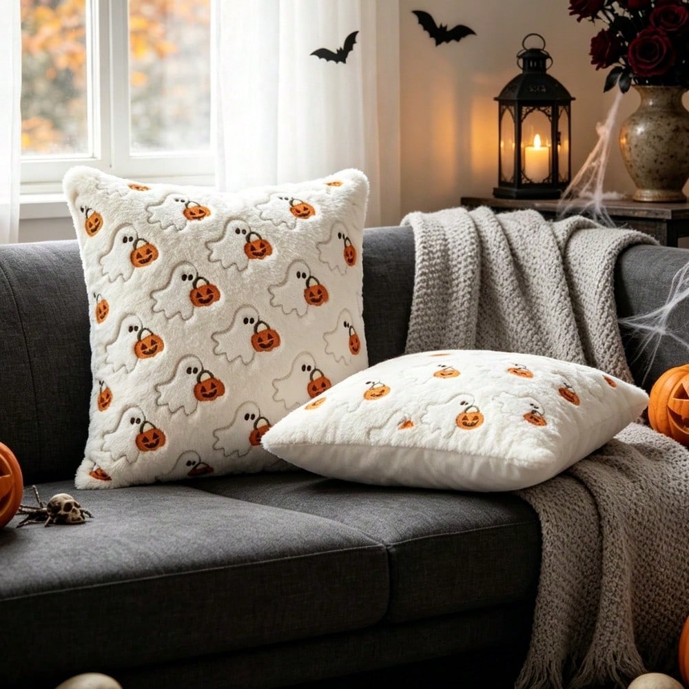 1pc 18x18 Inch 3D Embroidered Ghost Pumpkin Faux Rabbit Fur Plush Pillow Cover, Soft Cozy Pet Friendly Cute Minimalist Scandinavian Neutral Versatile Cushion Cover, For Halloween Ghost Party Fall H