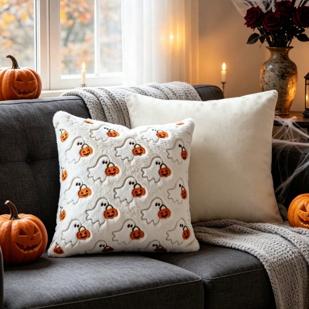 1pc 18x18 Inch 3D Embroidered Ghost Pumpkin Faux Rabbit Fur Plush Pillow Cover, Soft Cozy Pet Friendly Cute Minimalist Scandinavian Neutral Versatile Cushion Cover, For Halloween Ghost Party Fall H