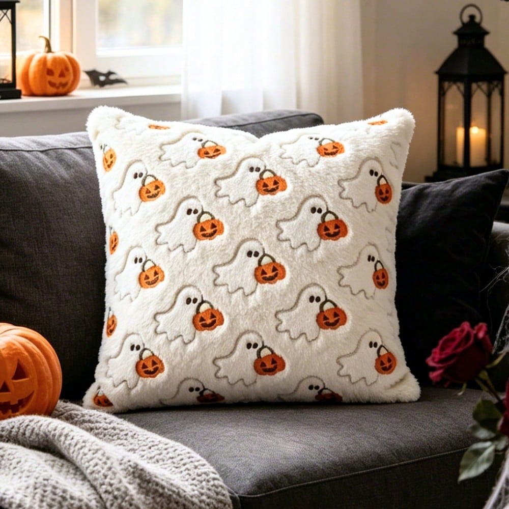 1pc 18x18 Inch 3D Embroidered Ghost Pumpkin Faux Rabbit Fur Plush Pillow Cover, Soft Cozy Pet Friendly Cute Minimalist Scandinavian Neutral Versatile Cushion Cover, For Halloween Ghost Party Fall H