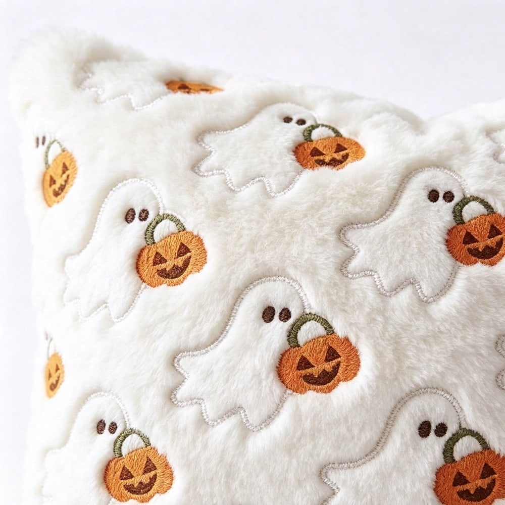 1pc 18x18 Inch 3D Embroidered Ghost Pumpkin Faux Rabbit Fur Plush Pillow Cover, Soft Cozy Pet Friendly Cute Minimalist Scandinavian Neutral Versatile Cushion Cover, For Halloween Ghost Party Fall H