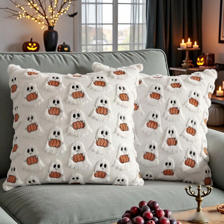 1pc 18x18 Inch 3D Embroidered Ghost Pumpkin Faux Rabbit Fur Plush Pillow Cover, Soft Cozy Pet Friendly Cute Minimalist Scandinavian Neutral Versatile Cushion Cover, For Halloween Ghost Party Fall H