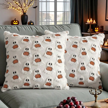 1pc 18x18 Inch 3D Embroidered Ghost Pumpkin Faux Rabbit Fur Plush Pillow Cover, Soft Cozy Pet Friendly Cute Minimalist Scandinavian Neutral Versatile Cushion Cover, For Halloween Ghost Party Fall H