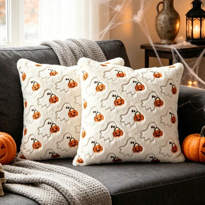 1pc 18x18 Inch 3D Embroidered Ghost Pumpkin Faux Rabbit Fur Plush Pillow Cover, Soft Cozy Pet Friendly Cute Minimalist Scandinavian Neutral Versatile Cushion Cover, For Halloween Ghost Party Fall H