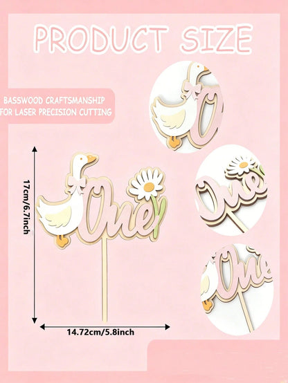 1pc 1st Birthday Cake Topper Wooden White Goose Daisy Number 1 Sign, Bow Duck Wildflower Cake Decor Photo Prop, Suitable For Baby Shower Party