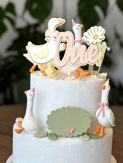 1pc 1st Birthday Cake Topper Wooden White Goose Daisy Number 1 Sign, Bow Duck Wildflower Cake Decor Photo Prop, Suitable For Baby Shower Party