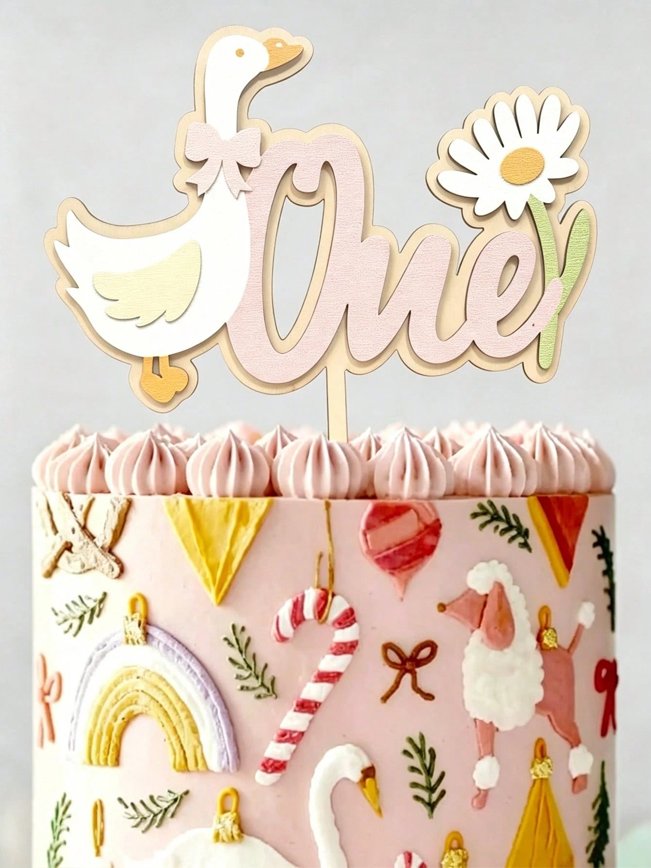 1pc 1st Birthday Cake Topper Wooden White Goose Daisy Number 1 Sign, Bow Duck Wildflower Cake Decor Photo Prop, Suitable For Baby Shower Party