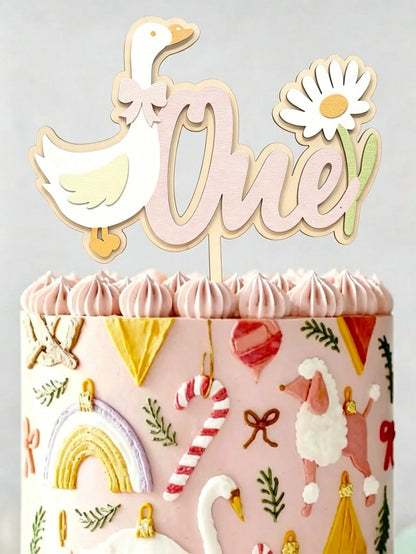 1pc 1st Birthday Cake Topper Wooden White Goose Daisy Number 1 Sign, Bow Duck Wildflower Cake Decor Photo Prop, Suitable For Baby Shower Party