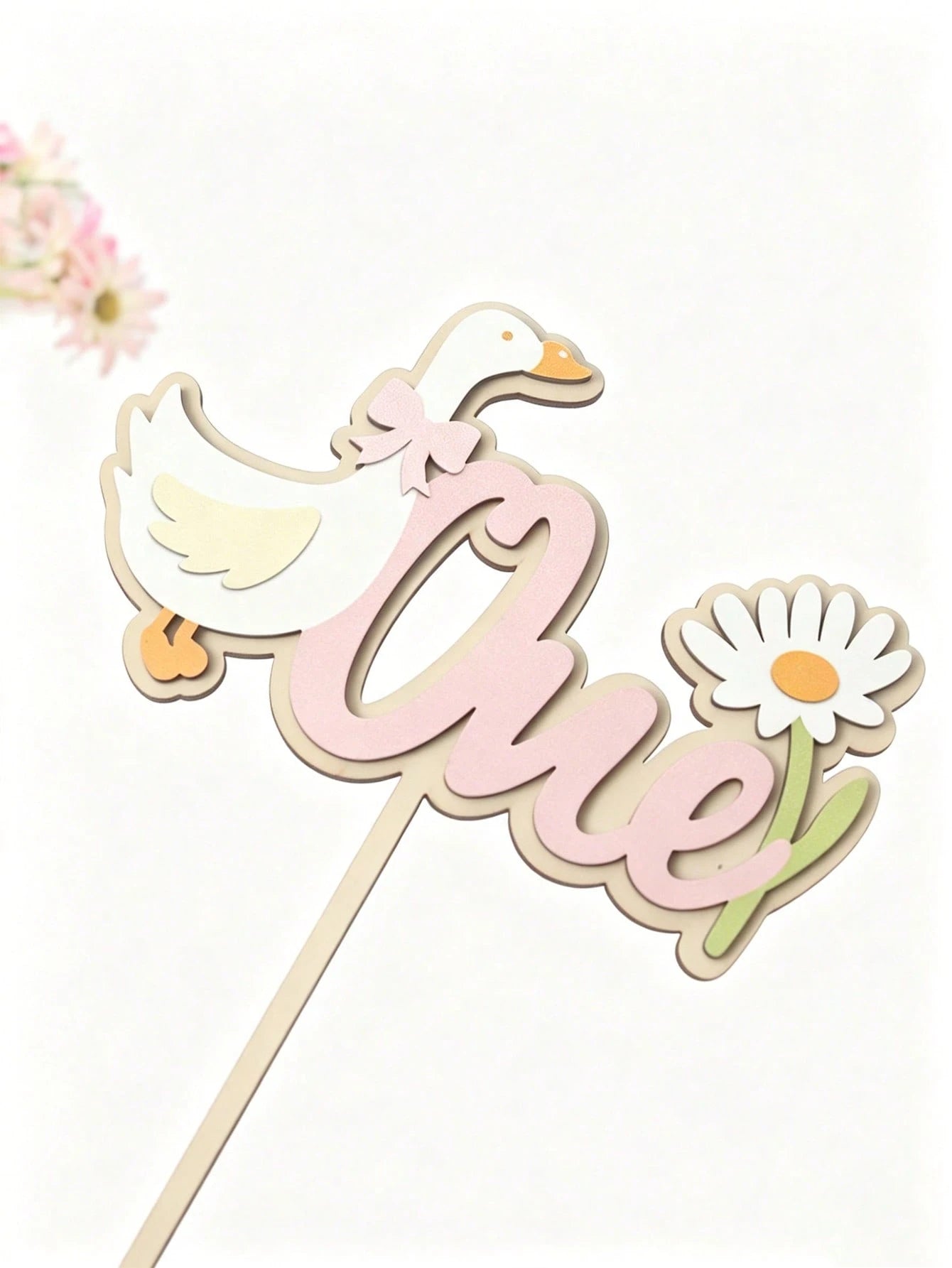 1pc 1st Birthday Cake Topper Wooden White Goose Daisy Number 1 Sign, Bow Duck Wildflower Cake Decor Photo Prop, Suitable For Baby Shower Party