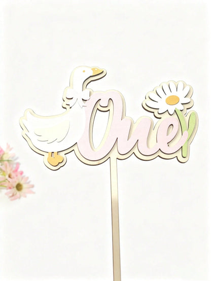 1pc 1st Birthday Cake Topper Wooden White Goose Daisy Number 1 Sign, Bow Duck Wildflower Cake Decor Photo Prop, Suitable For Baby Shower Party