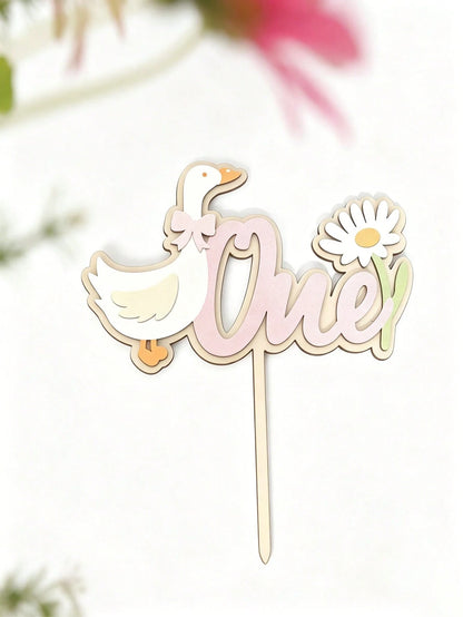 1pc 1st Birthday Cake Topper Wooden White Goose Daisy Number 1 Sign, Bow Duck Wildflower Cake Decor Photo Prop, Suitable For Baby Shower Party