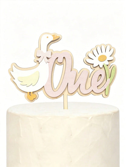 1pc 1st Birthday Cake Topper Wooden White Goose Daisy Number 1 Sign, Bow Duck Wildflower Cake Decor Photo Prop, Suitable For Baby Shower Party