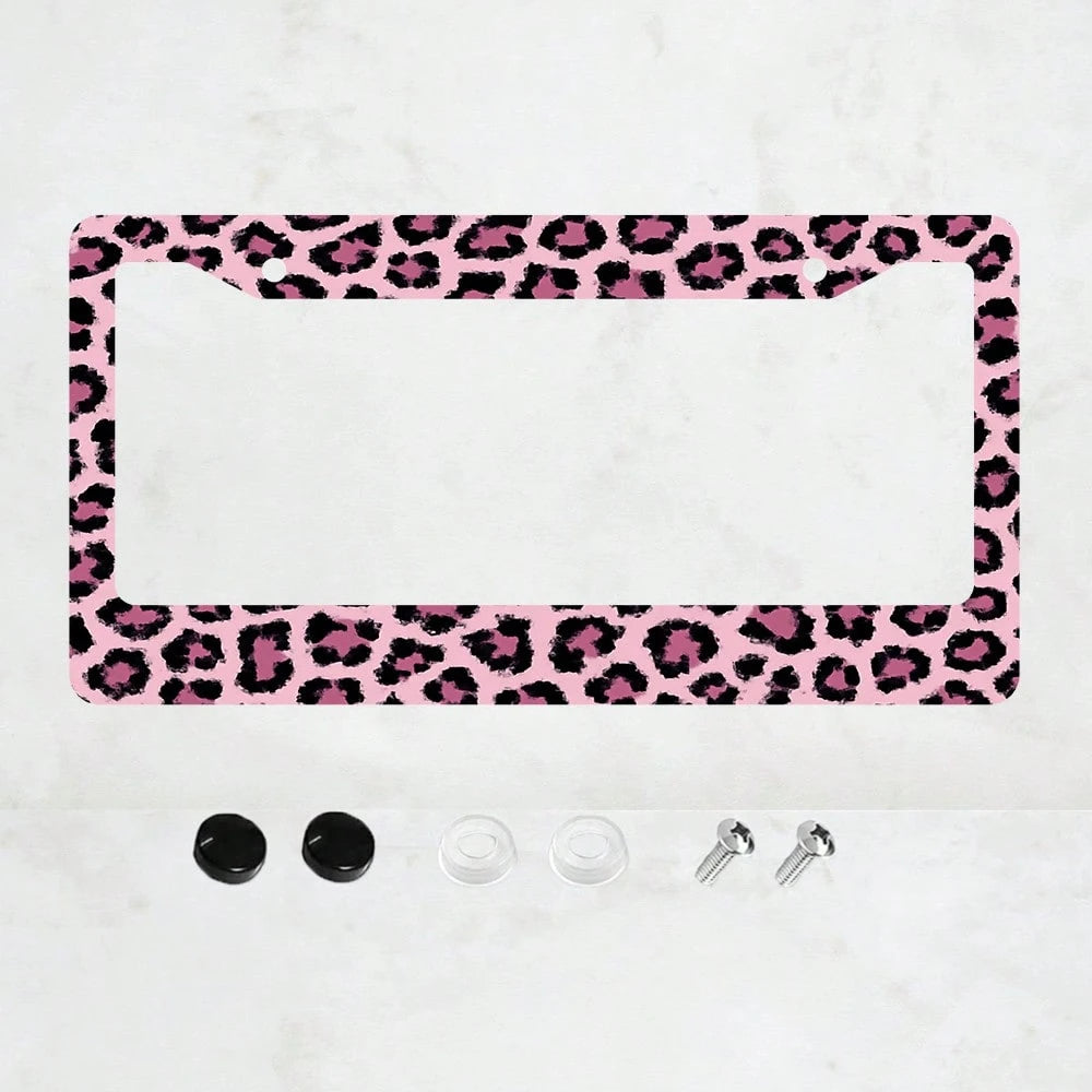 1PC 2-Hole License Plate Frame In Pink Leopard Print, Size, Aluminum Material, 6x12 Inches, Includes Screws, Car Decoration, Gifts, And Adding A Fun, Vintage, And Novelty To Your Vehicle