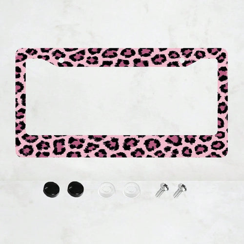 1PC 2-Hole License Plate Frame In Pink Leopard Print, Size, Aluminum Material, 6x12 Inches, Includes Screws, Car Decoration, Gifts, And Adding A Fun, Vintage, And Novelty To Your Vehicle