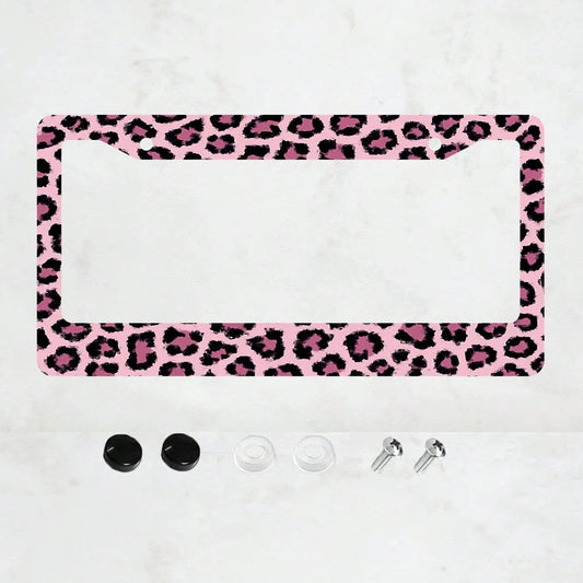1PC 2-Hole License Plate Frame In Pink Leopard Print, Size, Aluminum Material, 6x12 Inches, Includes Screws, Car Decoration, Gifts, And Adding A Fun, Vintage, And Novelty To Your Vehicle