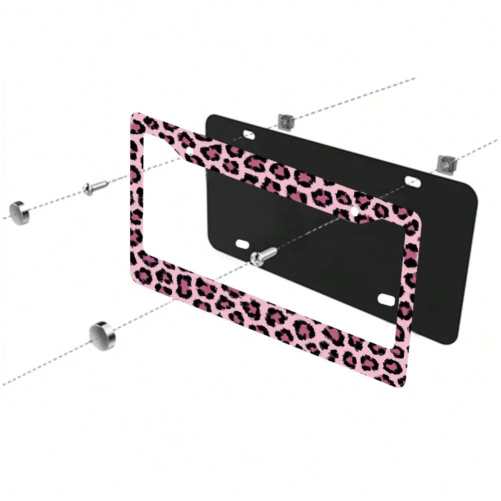 1PC 2-Hole License Plate Frame In Pink Leopard Print, Size, Aluminum Material, 6x12 Inches, Includes Screws, Car Decoration, Gifts, And Adding A Fun, Vintage, And Novelty To Your Vehicle