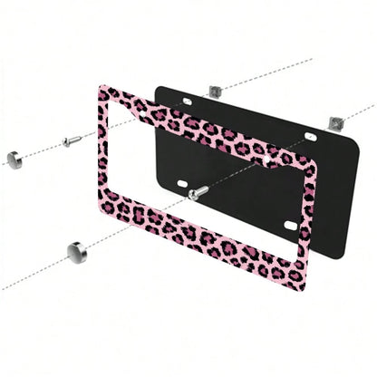 1PC 2-Hole License Plate Frame In Pink Leopard Print, Size, Aluminum Material, 6x12 Inches, Includes Screws, Car Decoration, Gifts, And Adding A Fun, Vintage, And Novelty To Your Vehicle