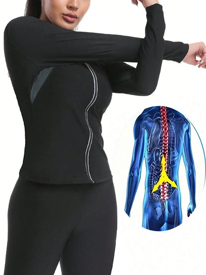 1pc 2025 New Design Women Outdoor Running/Fitness Grey Splicing Long Sleeve Yoga Tight Shirt With Zipper, Waist Trainer Fall