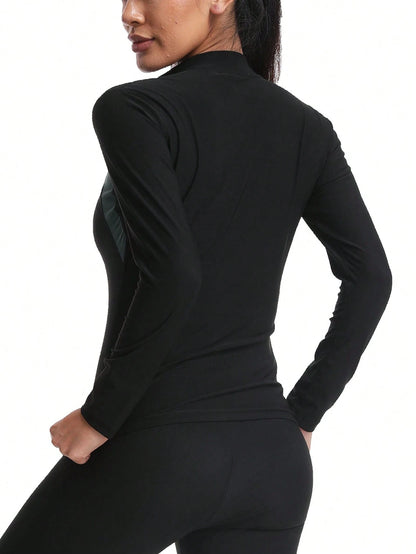 1pc 2025 New Design Women Outdoor Running/Fitness Grey Splicing Long Sleeve Yoga Tight Shirt With Zipper, Waist Trainer Fall