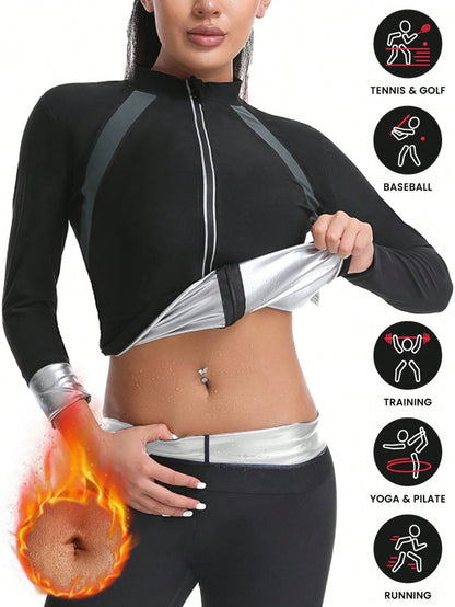 1pc 2025 New Design Women Outdoor Running/Fitness Grey Splicing Long Sleeve Yoga Tight Shirt With Zipper, Waist Trainer Fall